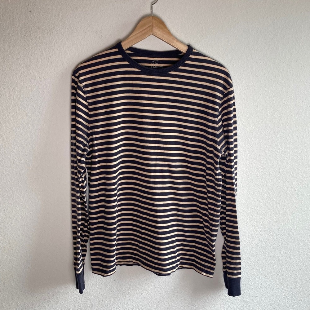 J.Crew Shirt Mens M Navy Beige Striped Long Sleeve Crewneck Cotton Nautical